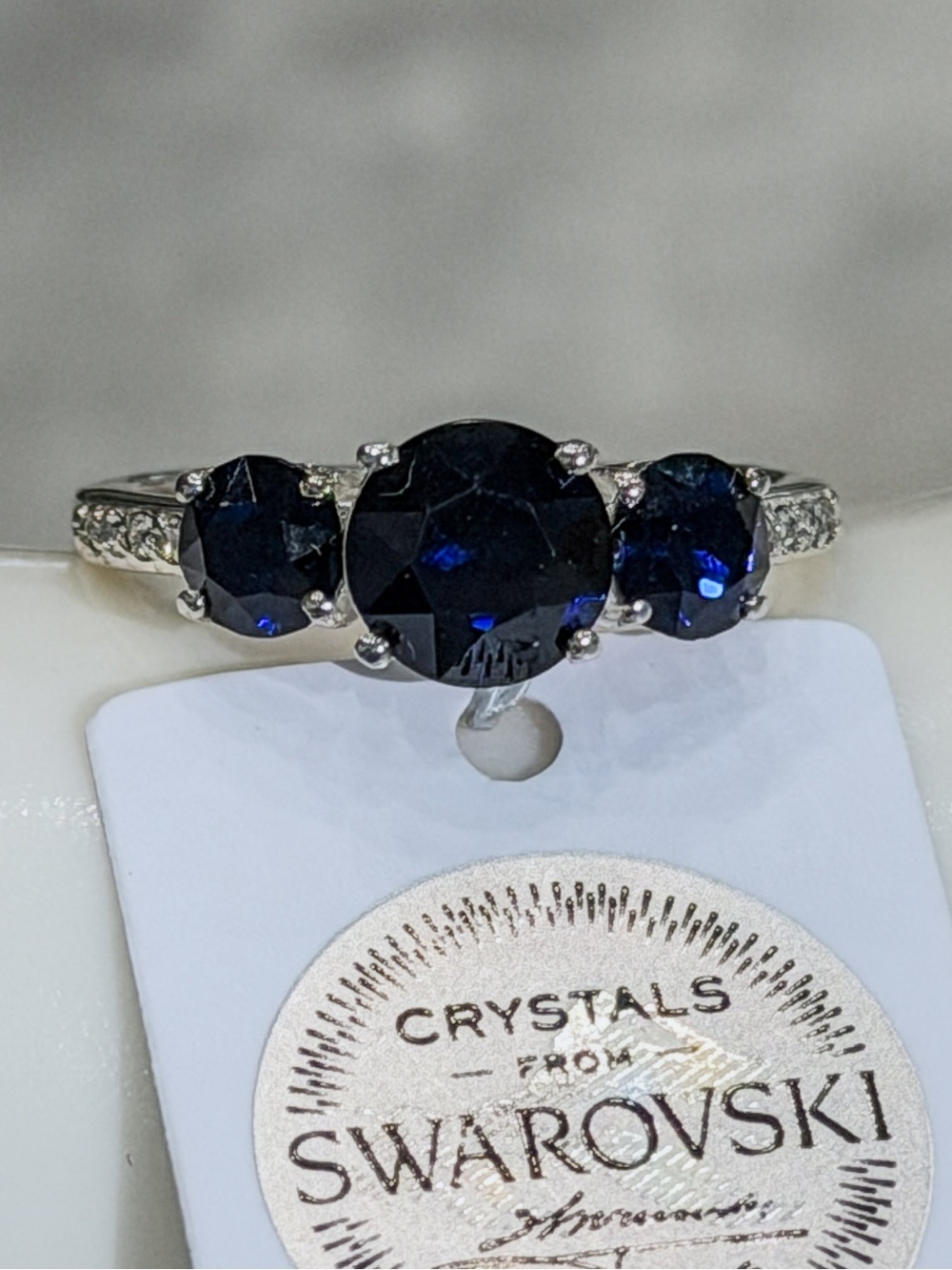 SWAROVSKI Dark Indigo White Crystal Sterling Silver Trilogy Ring Sz 8